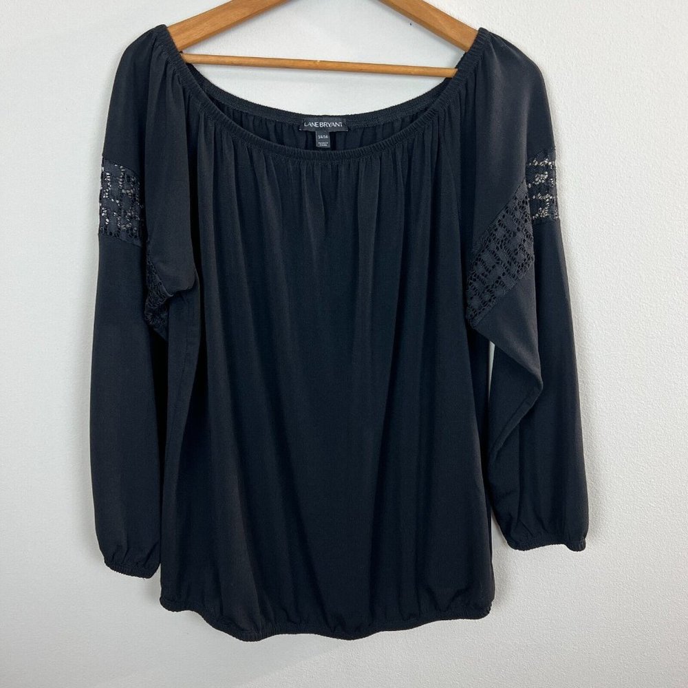 Lane Bryant‎ Blouse Top 14/16 Off Shoulder Black Solid Lace Long Sleeve Stretch